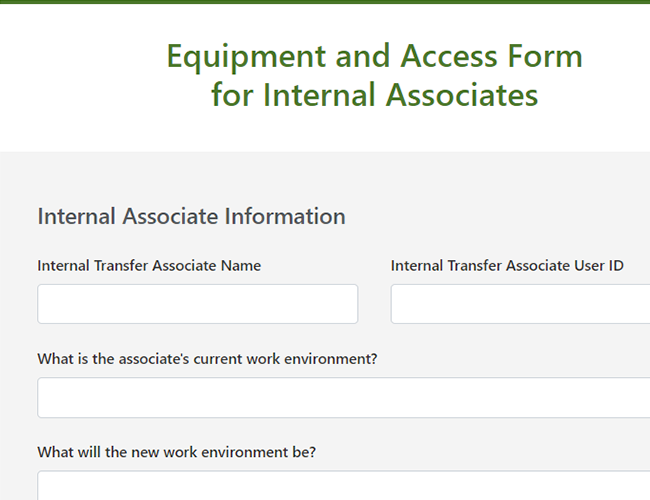 Equipment and Access request form screenshot